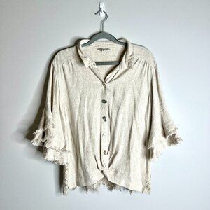 John Mark Boxy Button-Up Lace Back Boho Oversized Lagenlook Tan Linen Blend Sz M